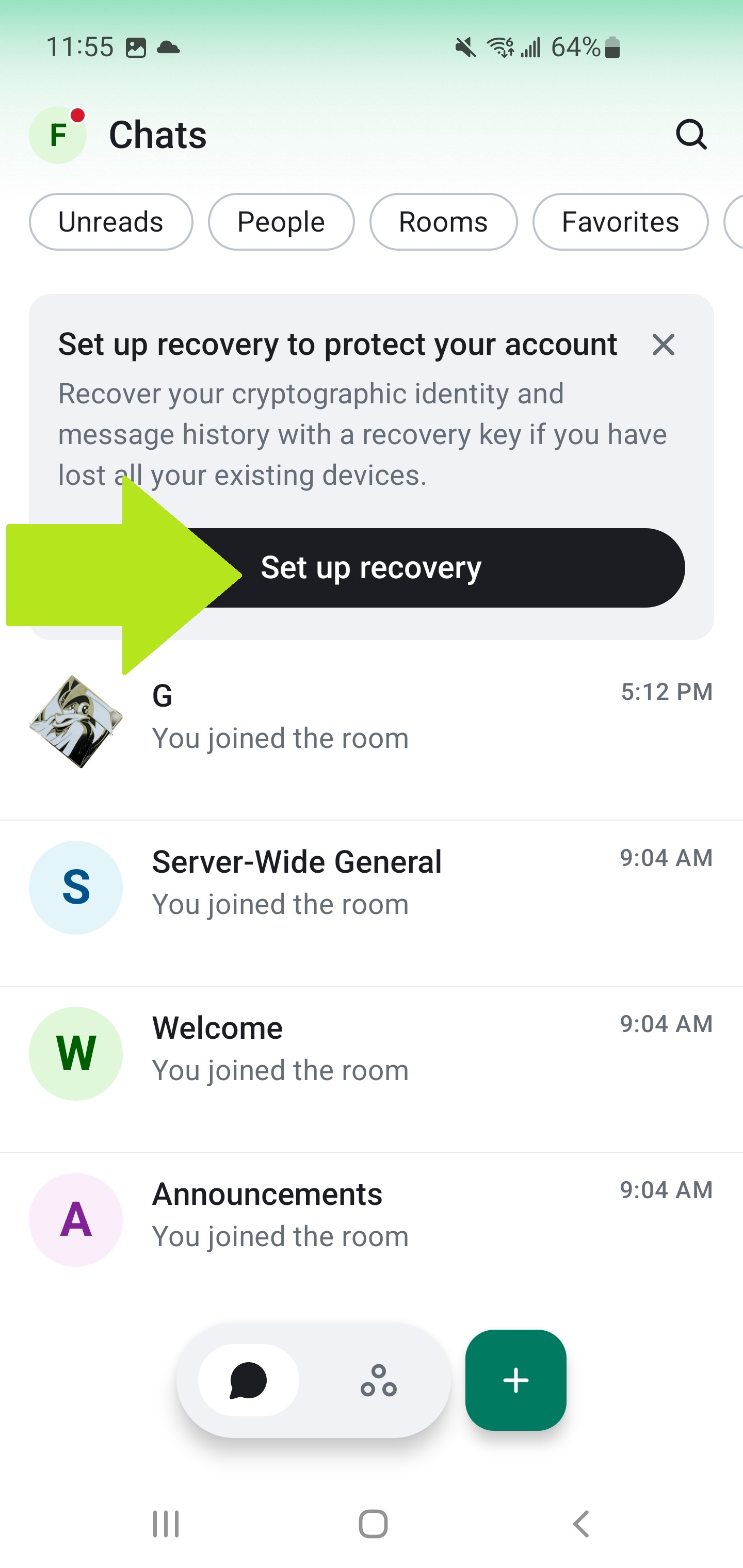 Element X home screen showing Set up recovery button