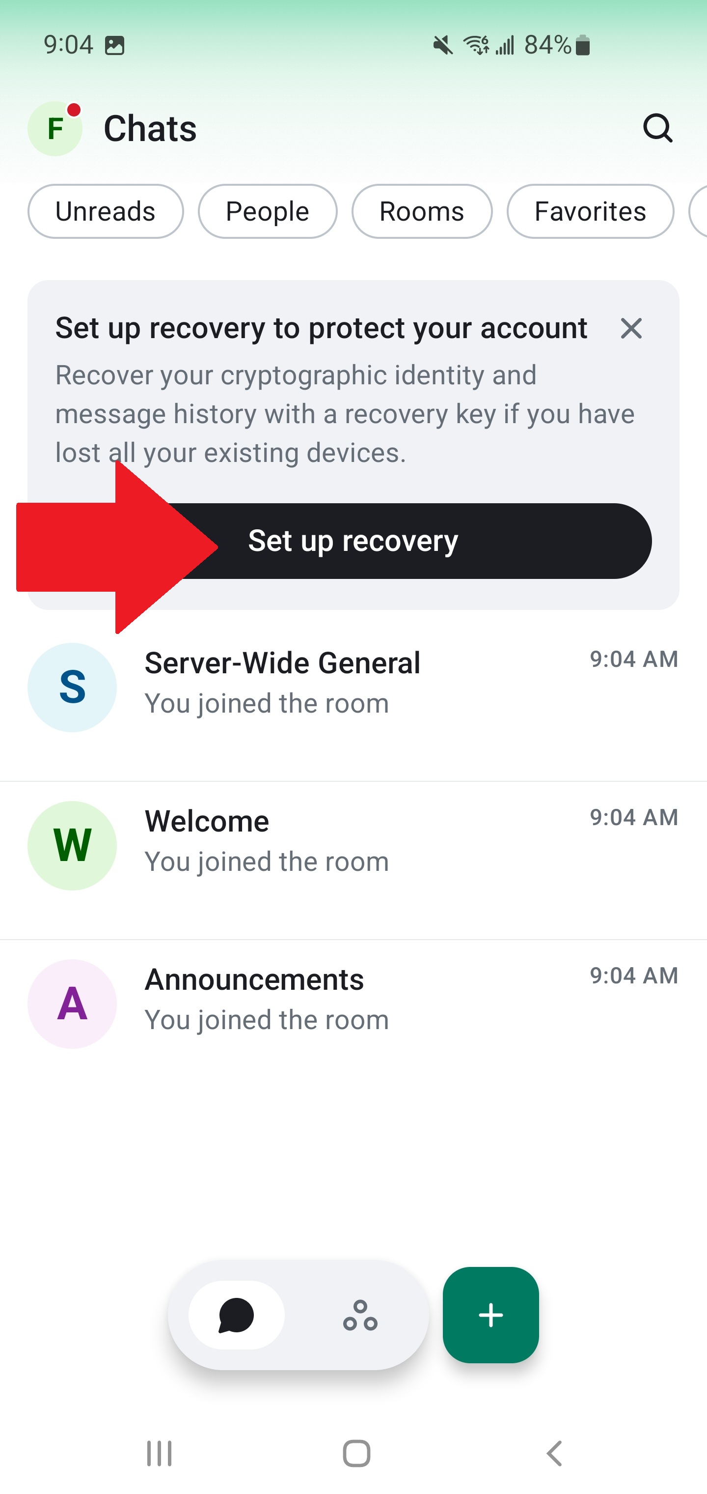 Element X home screen showing the Set up recovery banner