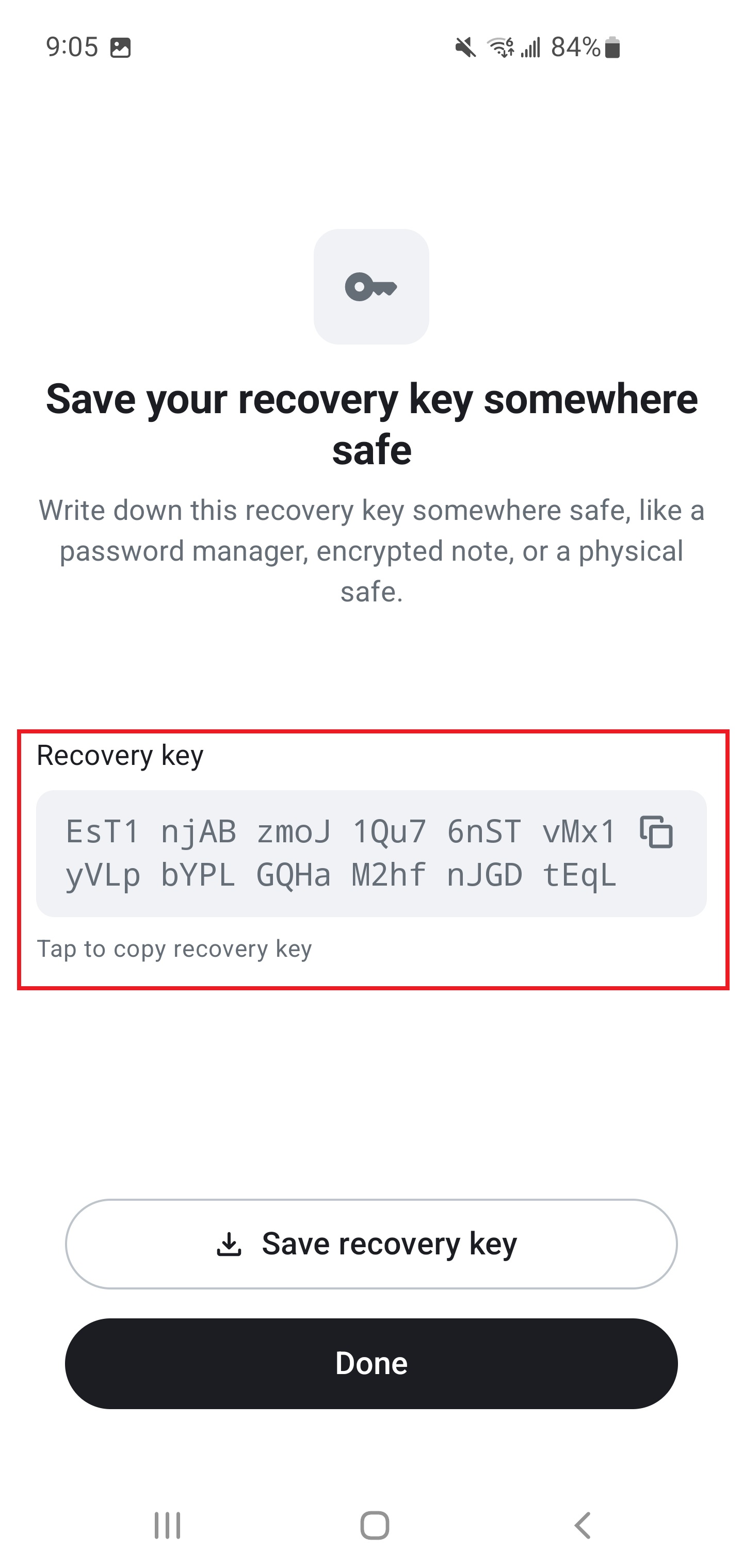 Recovery key with copy option