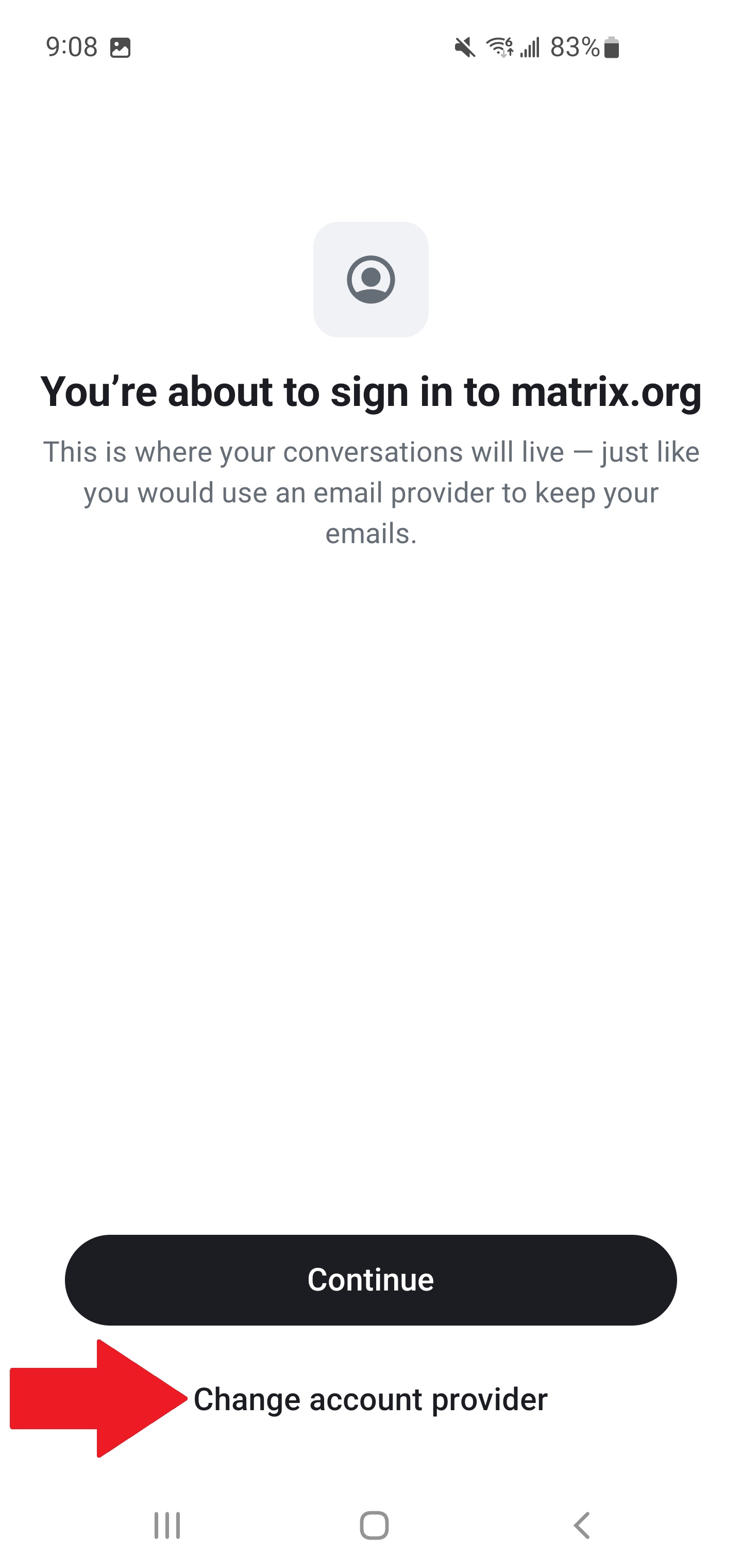 Sign-in screen showing matrix.org — tap Change Account Provider