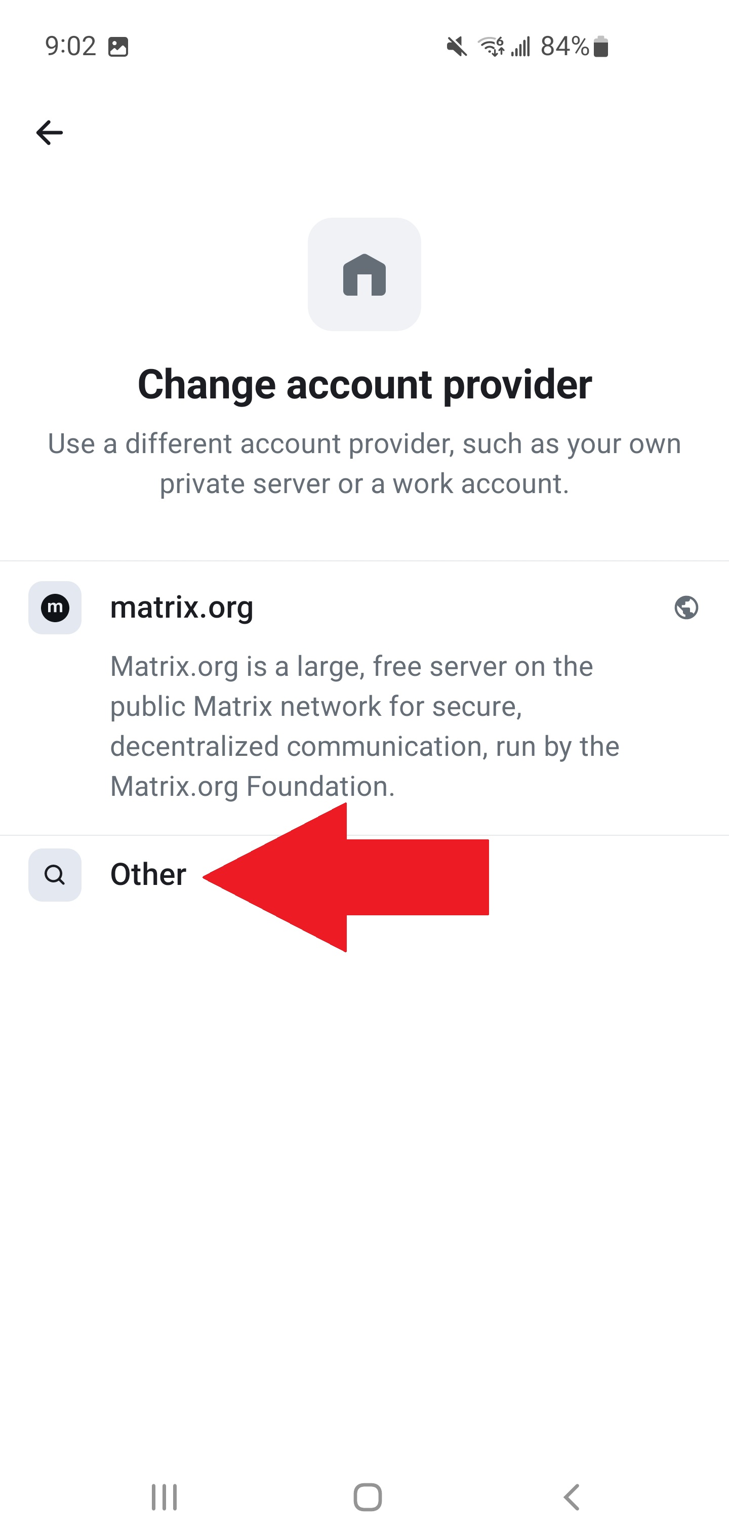 Account provider list — tap Other