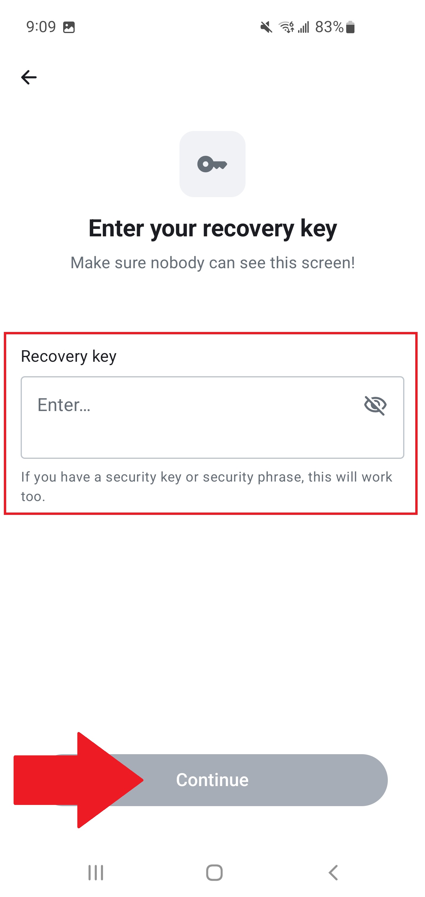 Entering recovery key
